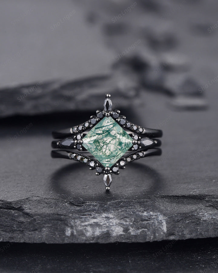 3PCS Vintage Princess Cut Moss Agate Black Engagement Ring Set, Gothic Black Rhodium Moss Agate Bridal Wedding Set Gift, Black Promise Ring - ShainJewelry