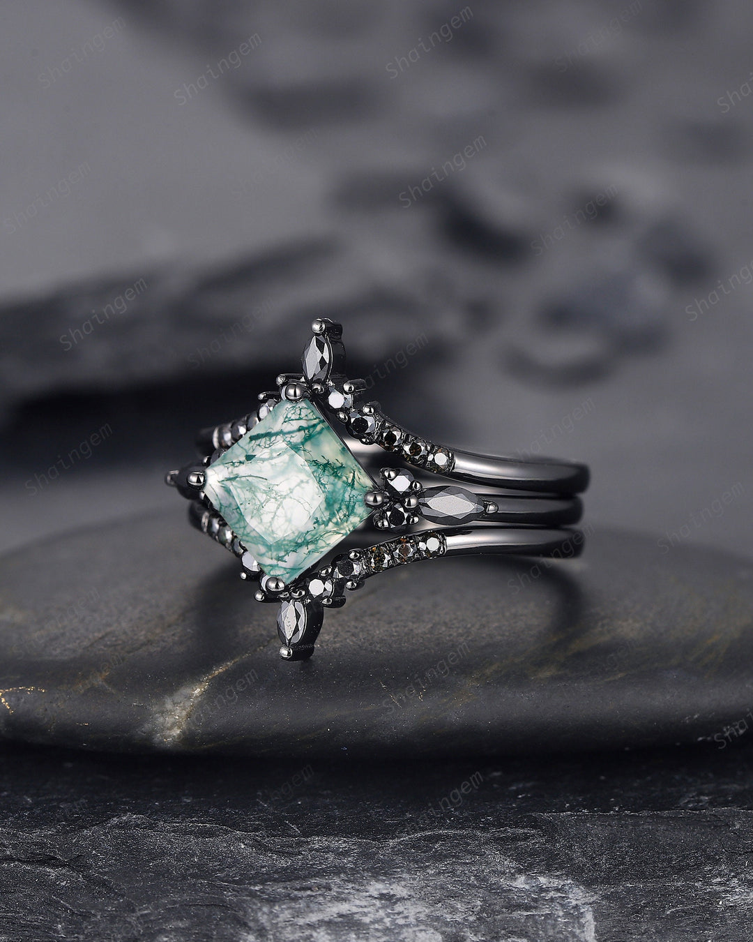 3PCS Vintage Princess Cut Moss Agate Black Engagement Ring Set, Gothic Black Rhodium Moss Agate Bridal Wedding Set Gift, Black Promise Ring - ShainJewelry