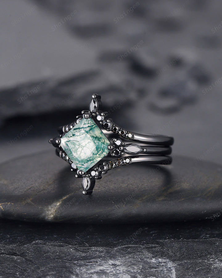 3PCS Vintage Princess Cut Moss Agate Black Engagement Ring Set, Gothic Black Rhodium Moss Agate Bridal Wedding Set Gift, Black Promise Ring - ShainJewelry