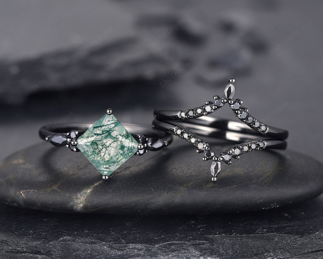 3PCS Vintage Princess Cut Moss Agate Black Engagement Ring Set, Gothic Black Rhodium Moss Agate Bridal Wedding Set Gift, Black Promise Ring - ShainJewelry