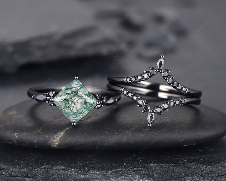 3PCS Vintage Princess Cut Moss Agate Black Engagement Ring Set, Gothic Black Rhodium Moss Agate Bridal Wedding Set Gift, Black Promise Ring - ShainJewelry