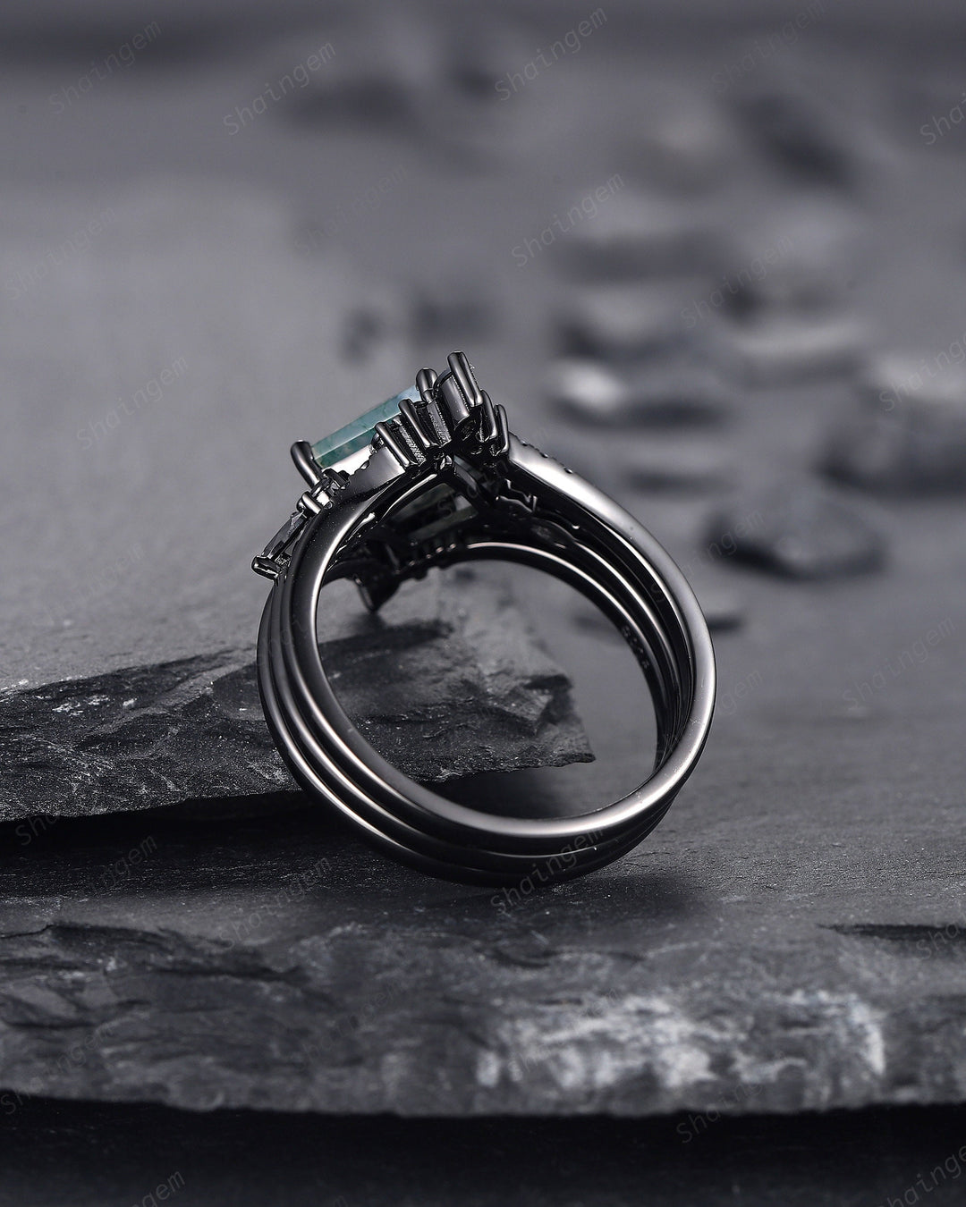 3PCS Vintage Princess Cut Moss Agate Black Engagement Ring Set, Gothic Black Rhodium Moss Agate Bridal Wedding Set Gift, Black Promise Ring - ShainJewelry