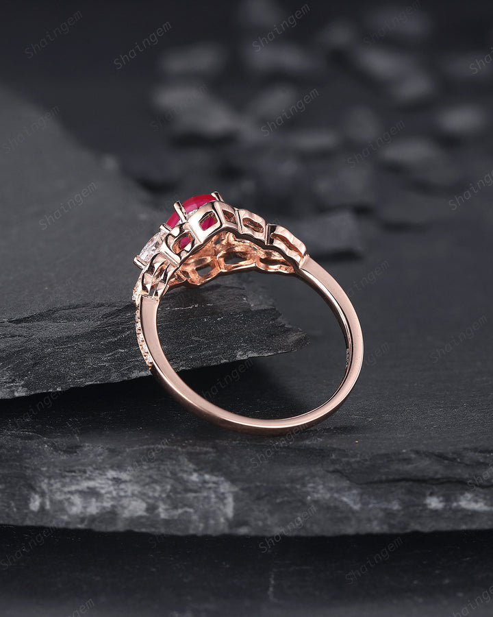 Vintage Oval Shape Natural African Ruby Halo Engagement Ring, Unique 14K Rose Gold Cluster Moissanite Wedding Ring, Ruby Promise Ring Gift - ShainJewelry