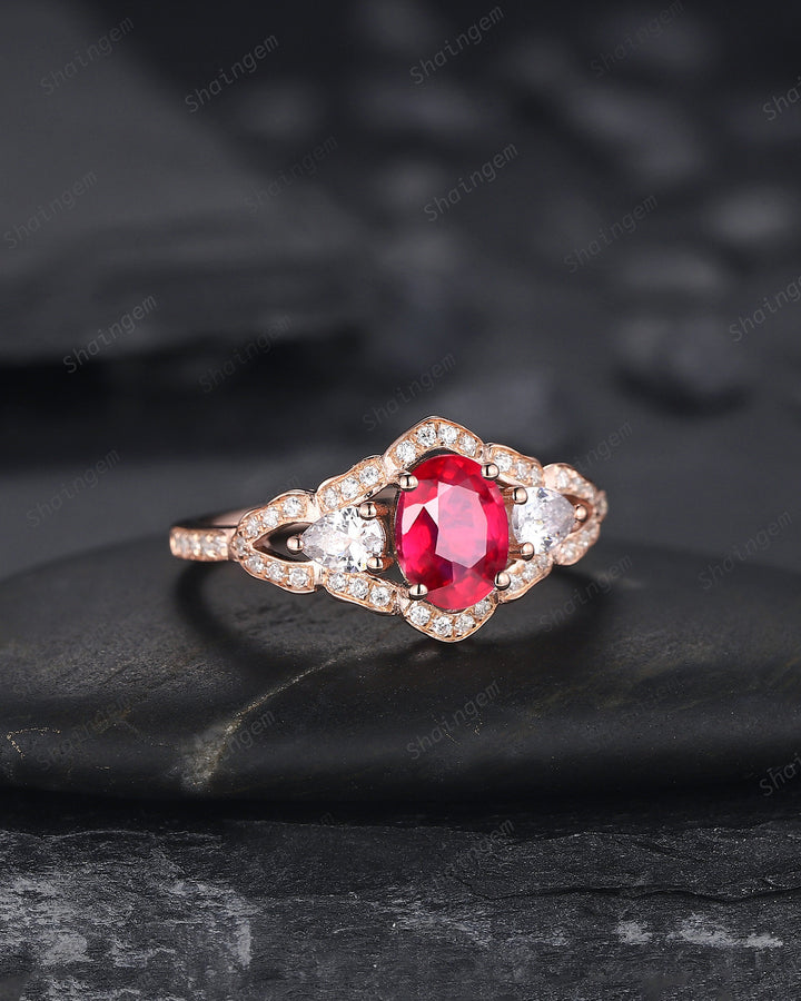 Vintage Oval Shape Natural African Ruby Halo Engagement Ring, Unique 14K Rose Gold Cluster Moissanite Wedding Ring, Ruby Promise Ring Gift - ShainJewelry