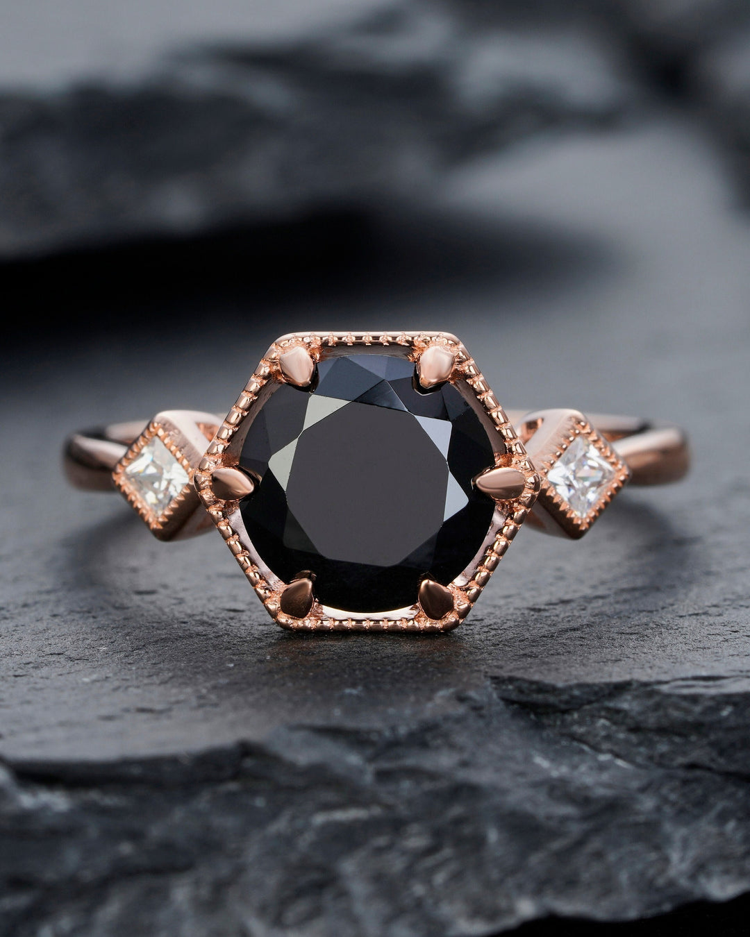 Hexagon Black Spinel Engagement Ring, Vintage 14K Rose Gold Spinel Promise Ring, Black Gemstone Silver Wedding Anniversary Ring Gift for Her - ShainJewelry