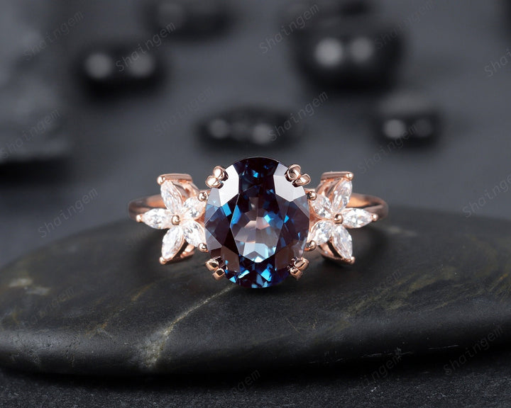 Vintage 8x10mm Oval Alexandrite and Floral Diamond Engagement Ring, Unique 14K Rose Gold June Birthstone Cluster Promise Ring, Wedding Ring - ShainJewelry