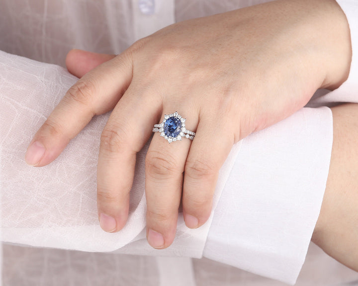 Oval Shape Cornflower Blue Sapphire Engagement Ring Set 14K 18K White Gold Sapphire Halo Promise Wedding Ring Bridal Set, Floral Wedding set - ShainJewelry