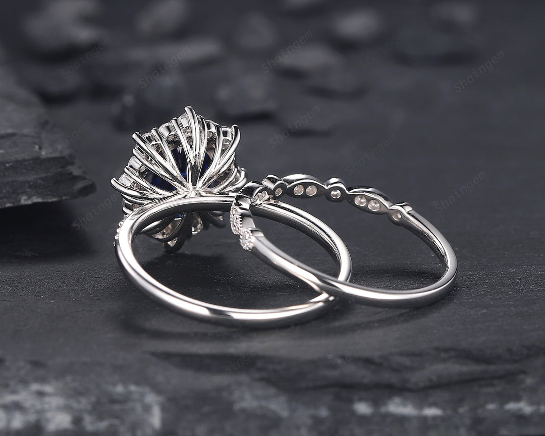 Oval Shape Cornflower Blue Sapphire Engagement Ring Set 14K 18K White Gold Sapphire Halo Promise Wedding Ring Bridal Set, Floral Wedding set - ShainJewelry