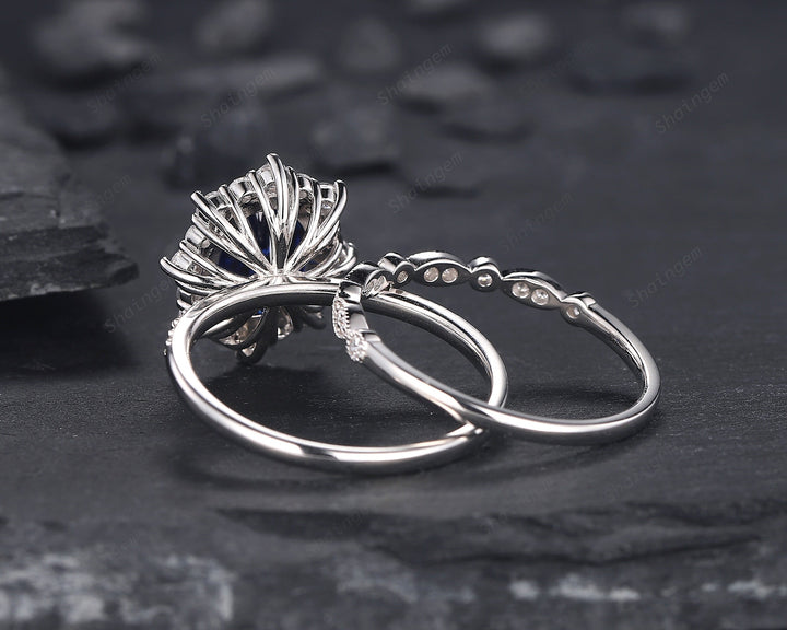 Oval Shape Cornflower Blue Sapphire Engagement Ring Set 14K 18K White Gold Sapphire Halo Promise Wedding Ring Bridal Set, Floral Wedding set - ShainJewelry