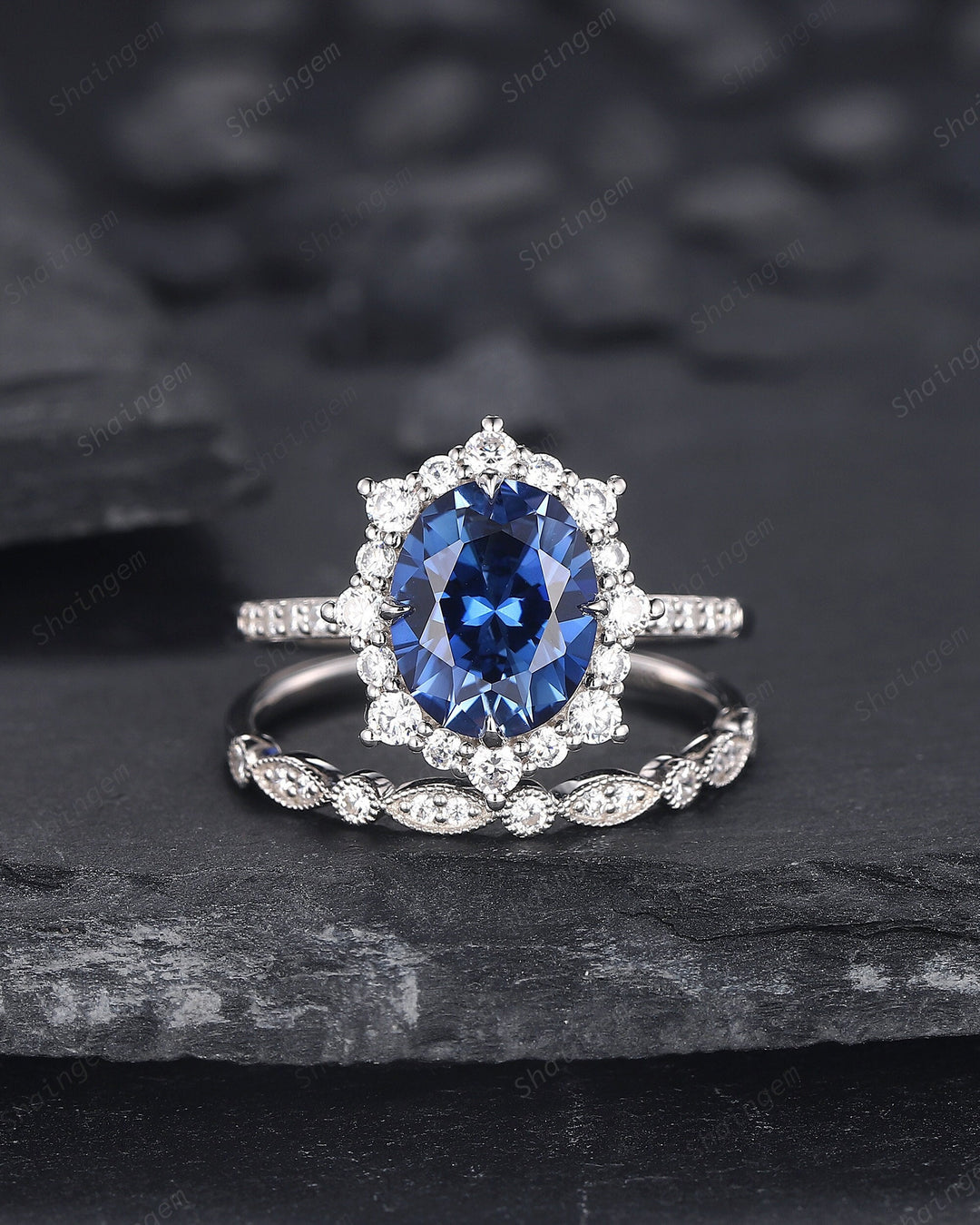 Oval Shape Cornflower Blue Sapphire Engagement Ring Set 14K 18K White Gold Sapphire Halo Promise Wedding Ring Bridal Set, Floral Wedding set - ShainJewelry