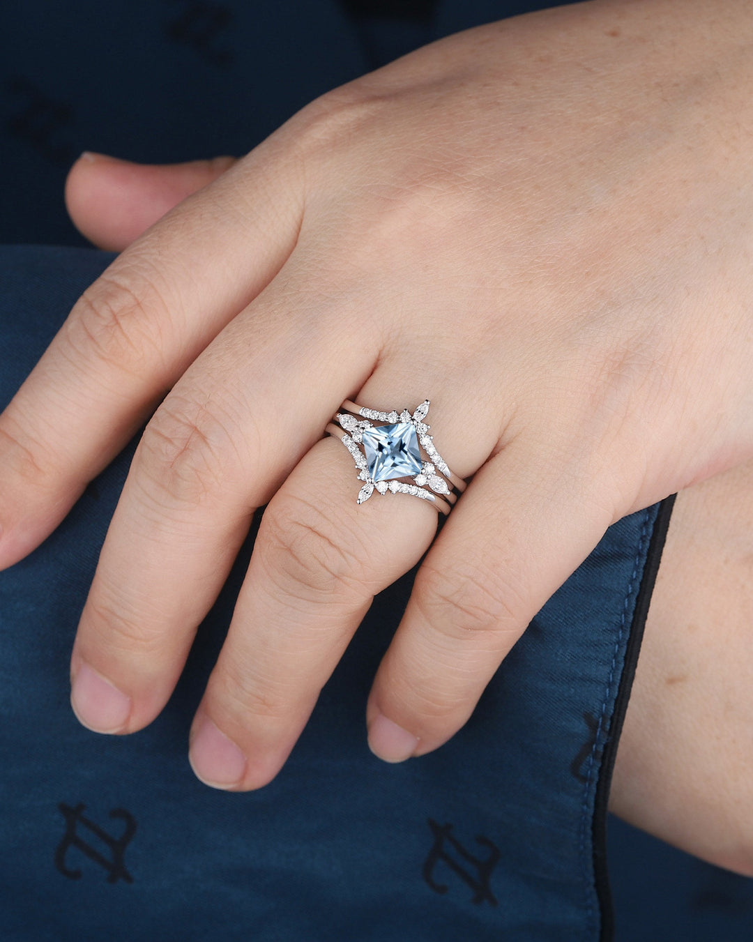 Princess Cut Aquamarine Bridal Set, Vintage Natural Blue Aquamarine Engagement Ring Enhancer Dual Band Wedding Set White Gold Promise Ring - ShainJewelry