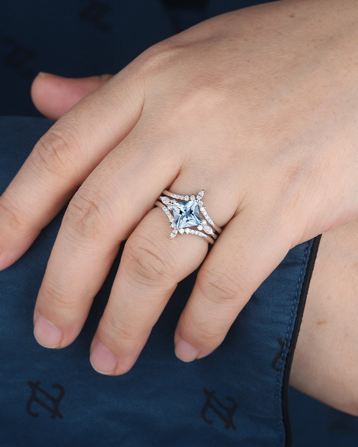 Princess Cut Aquamarine Bridal Set, Vintage Natural Blue Aquamarine Engagement Ring Enhancer Dual Band Wedding Set White Gold Promise Ring - ShainJewelry