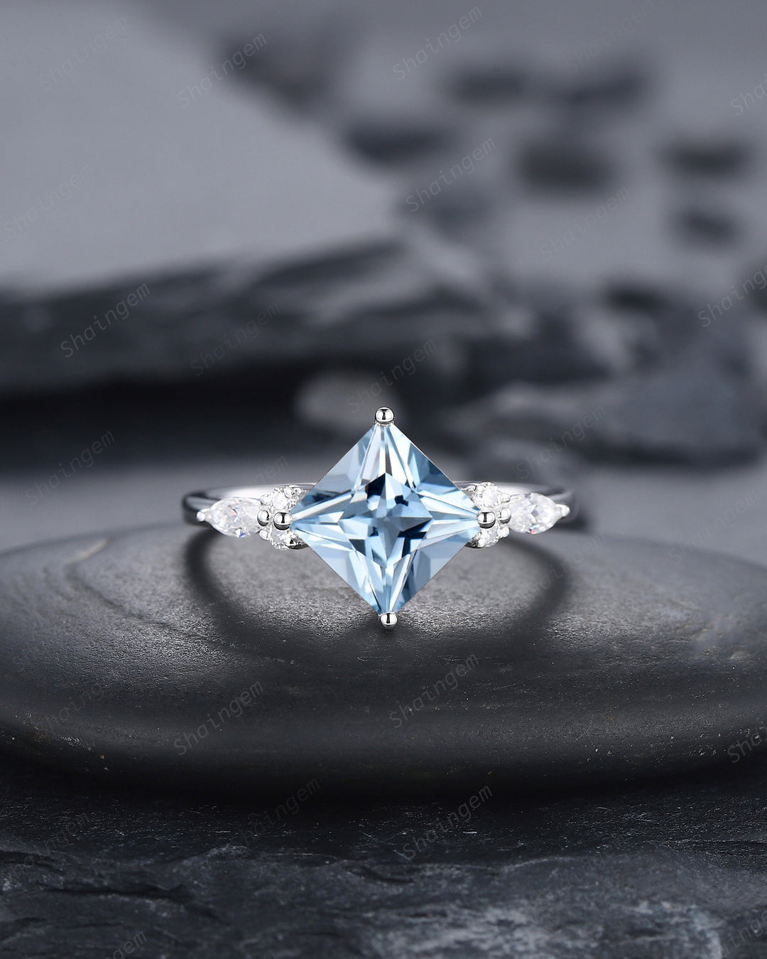 Princess Cut Aquamarine Bridal Set, Vintage Natural Blue Aquamarine Engagement Ring Enhancer Dual Band Wedding Set White Gold Promise Ring - ShainJewelry