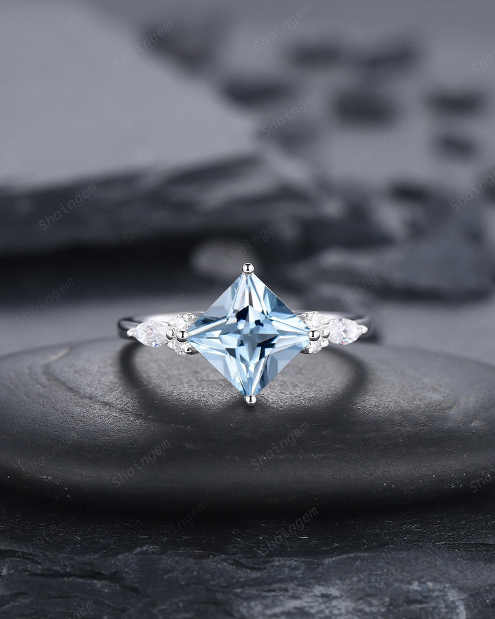 Princess Cut Aquamarine Bridal Set, Vintage Natural Blue Aquamarine Engagement Ring Enhancer Dual Band Wedding Set White Gold Promise Ring - ShainJewelry