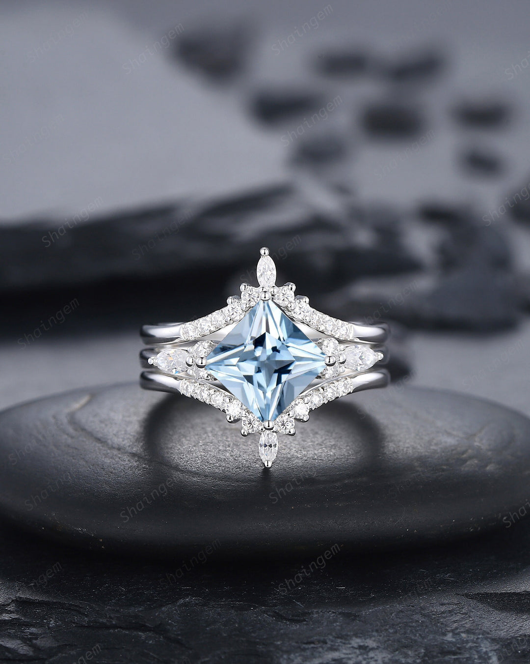 Princess Cut Aquamarine Bridal Set, Vintage Natural Blue Aquamarine Engagement Ring Enhancer Dual Band Wedding Set White Gold Promise Ring - ShainJewelry