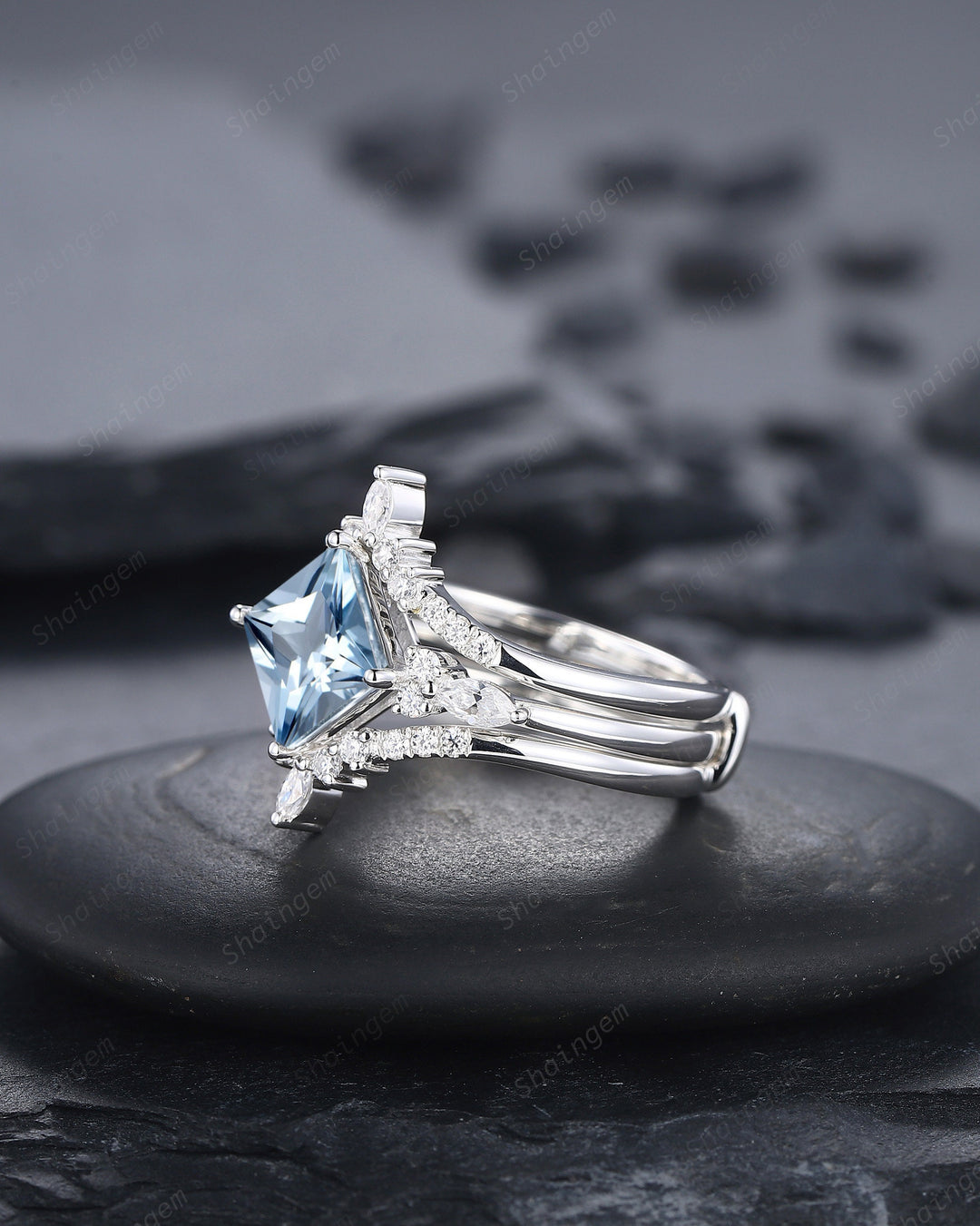 Princess Cut Aquamarine Bridal Set, Vintage Natural Blue Aquamarine Engagement Ring Enhancer Dual Band Wedding Set White Gold Promise Ring - ShainJewelry
