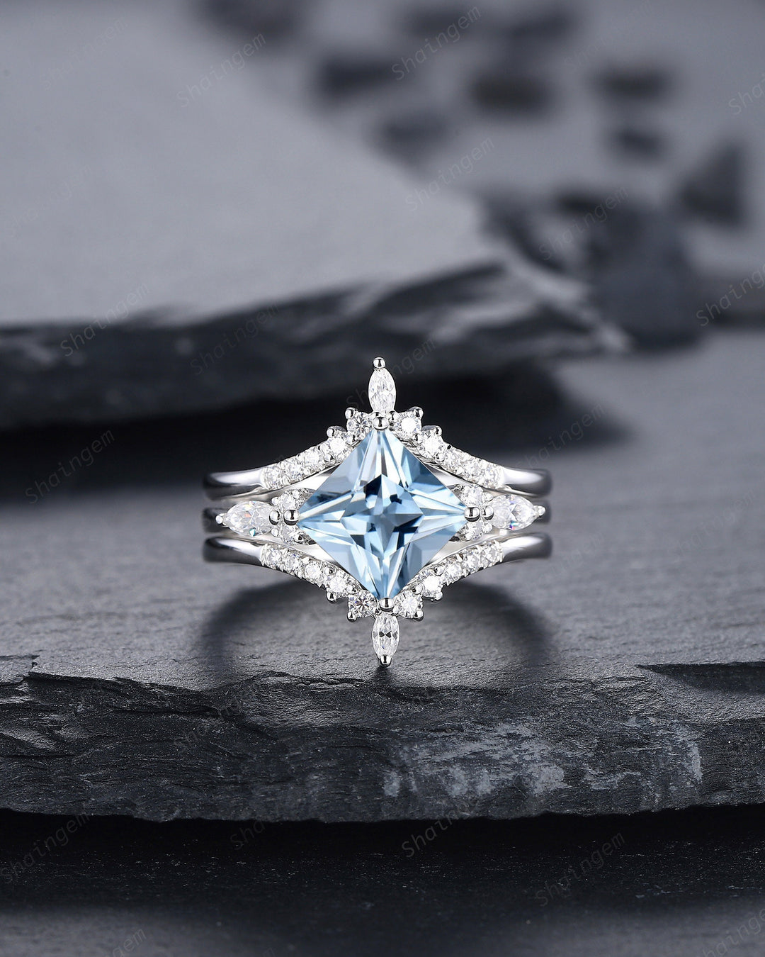 Princess Cut Aquamarine Bridal Set, Vintage Natural Blue Aquamarine Engagement Ring Enhancer Dual Band Wedding Set White Gold Promise Ring - ShainJewelry