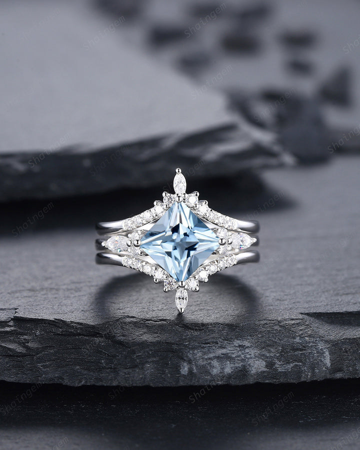 Princess Cut Aquamarine Bridal Set, Vintage Natural Blue Aquamarine Engagement Ring Enhancer Dual Band Wedding Set White Gold Promise Ring - ShainJewelry