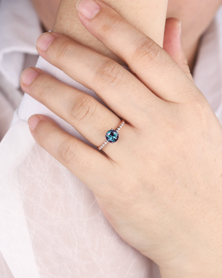 Unique Round Shape Alexandrite and Diamond Engagement Ring, Vintage 14K Rose Gold Alexandrite Promise Ring June Birthstone Wedding Ring Gift - ShainJewelry