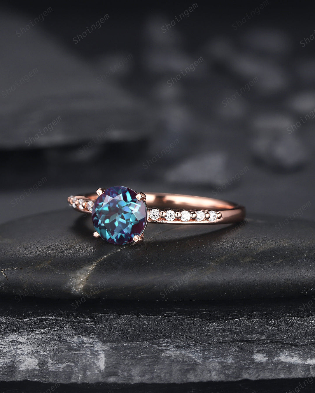 Unique Round Shape Alexandrite and Diamond Engagement Ring, Vintage 14K Rose Gold Alexandrite Promise Ring June Birthstone Wedding Ring Gift - ShainJewelry