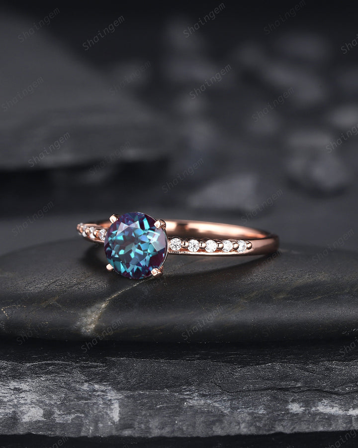 Unique Round Shape Alexandrite and Diamond Engagement Ring, Vintage 14K Rose Gold Alexandrite Promise Ring June Birthstone Wedding Ring Gift - ShainJewelry