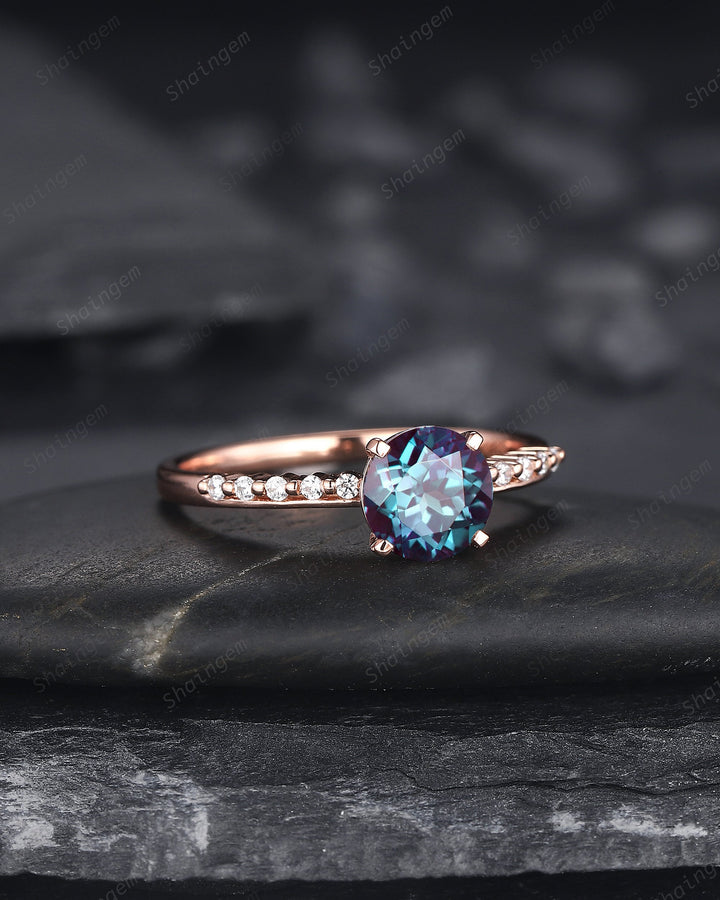 Unique Round Shape Alexandrite and Diamond Engagement Ring, Vintage 14K Rose Gold Alexandrite Promise Ring June Birthstone Wedding Ring Gift - ShainJewelry