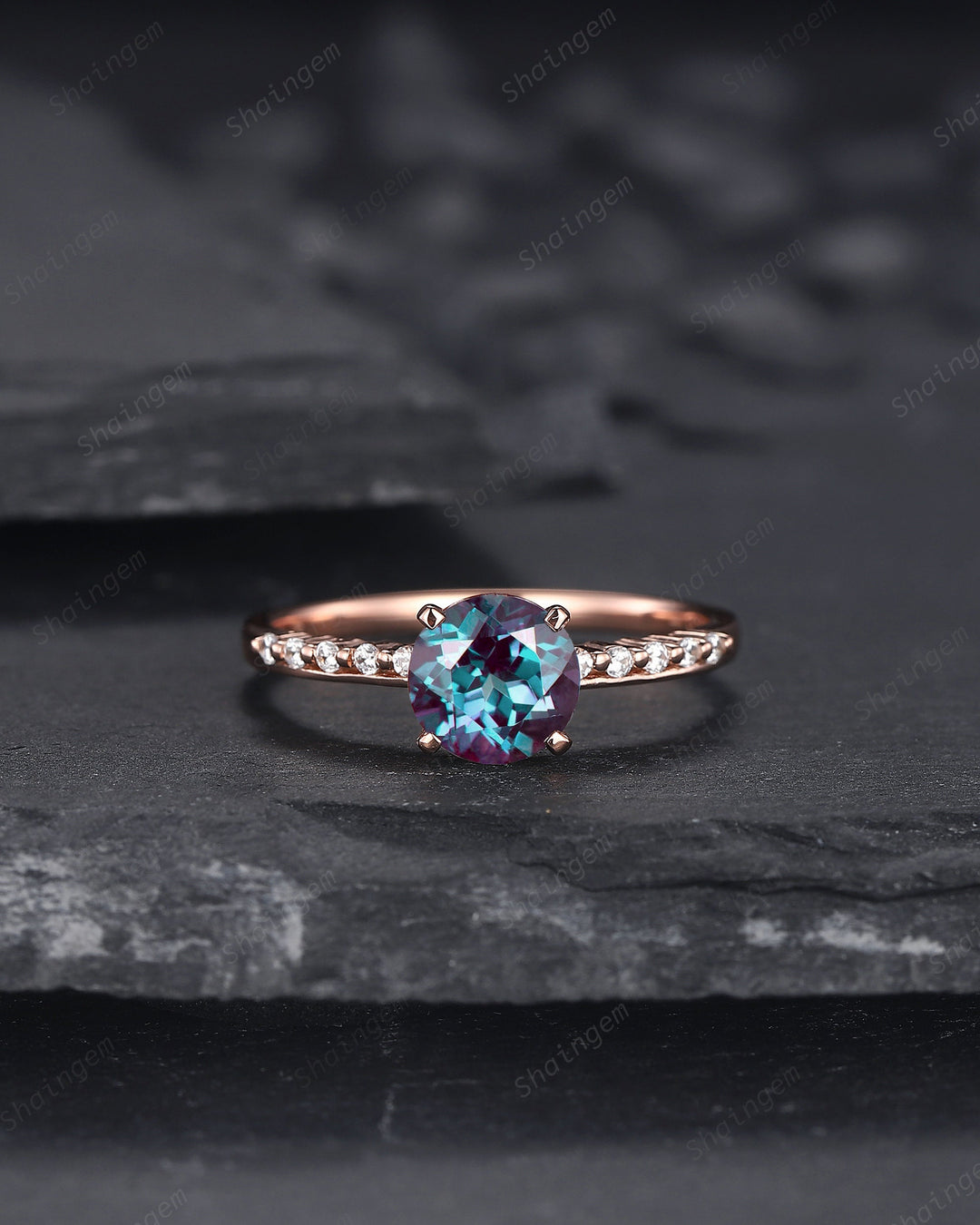 Unique Round Shape Alexandrite and Diamond Engagement Ring, Vintage 14K Rose Gold Alexandrite Promise Ring June Birthstone Wedding Ring Gift - ShainJewelry