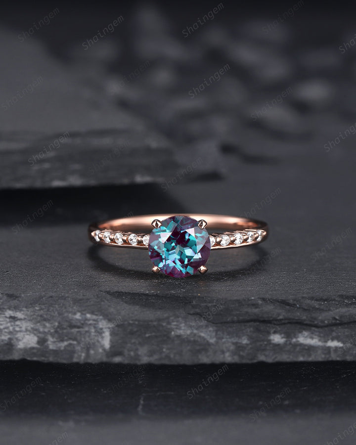 Unique Round Shape Alexandrite and Diamond Engagement Ring, Vintage 14K Rose Gold Alexandrite Promise Ring June Birthstone Wedding Ring Gift - ShainJewelry