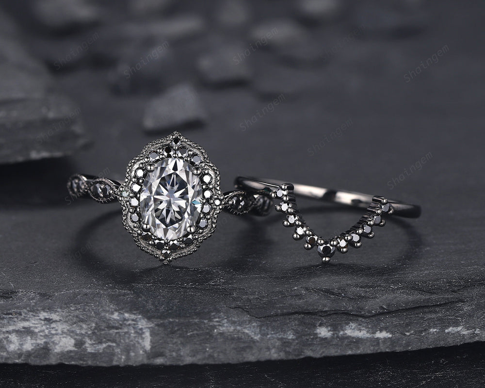 Vintage Oval Shape Gray Moissanite Halo Engagement Ring Set, 18K Black Gold Promise Ring Set, Unique Rhodium Black Moissanite Wedding Ring - ShainJewelry