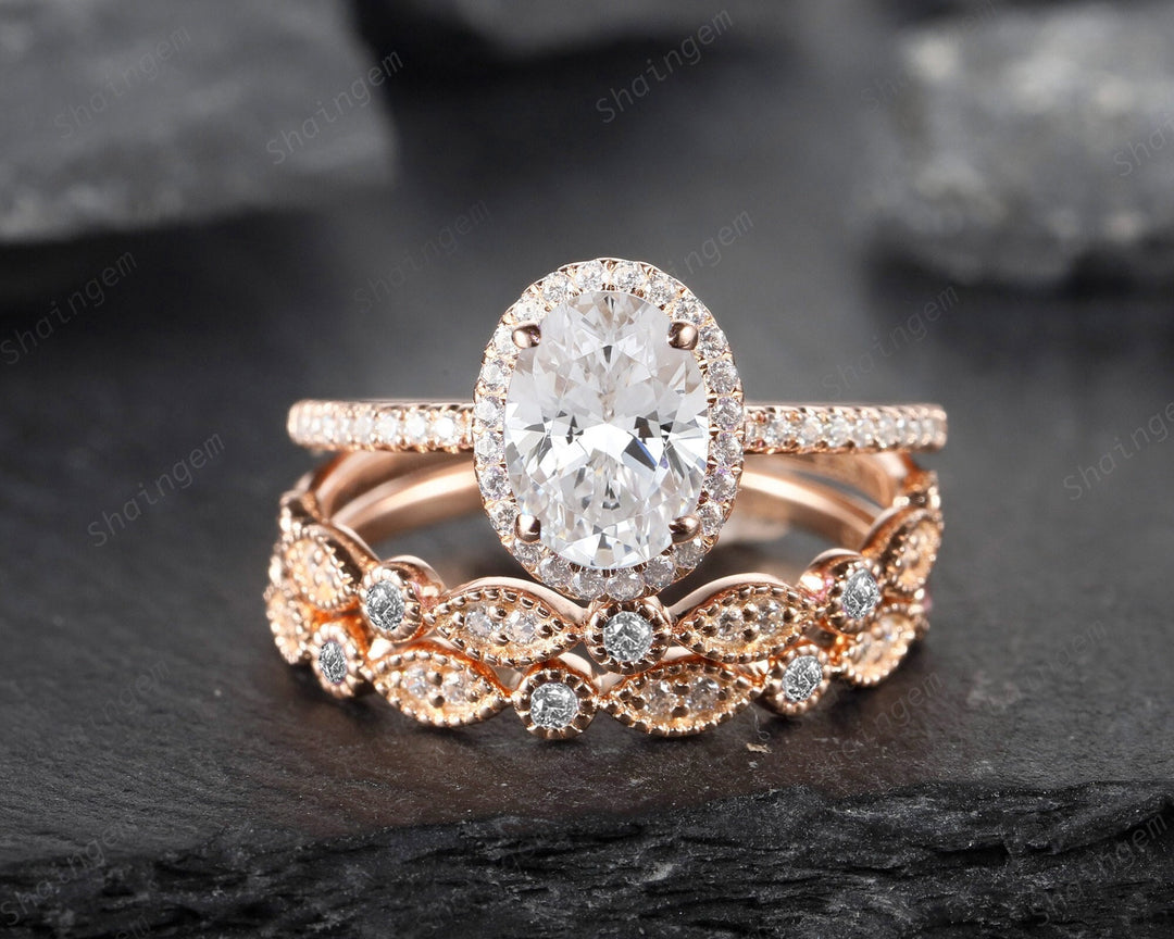 3PCS Oval Cut Mossanite Engagement Halo Ring Set, Vintage 14K Rose Gold Moissanite Bridal Set, Unique Alternative Wedding Set Promise Ring - ShainJewelry