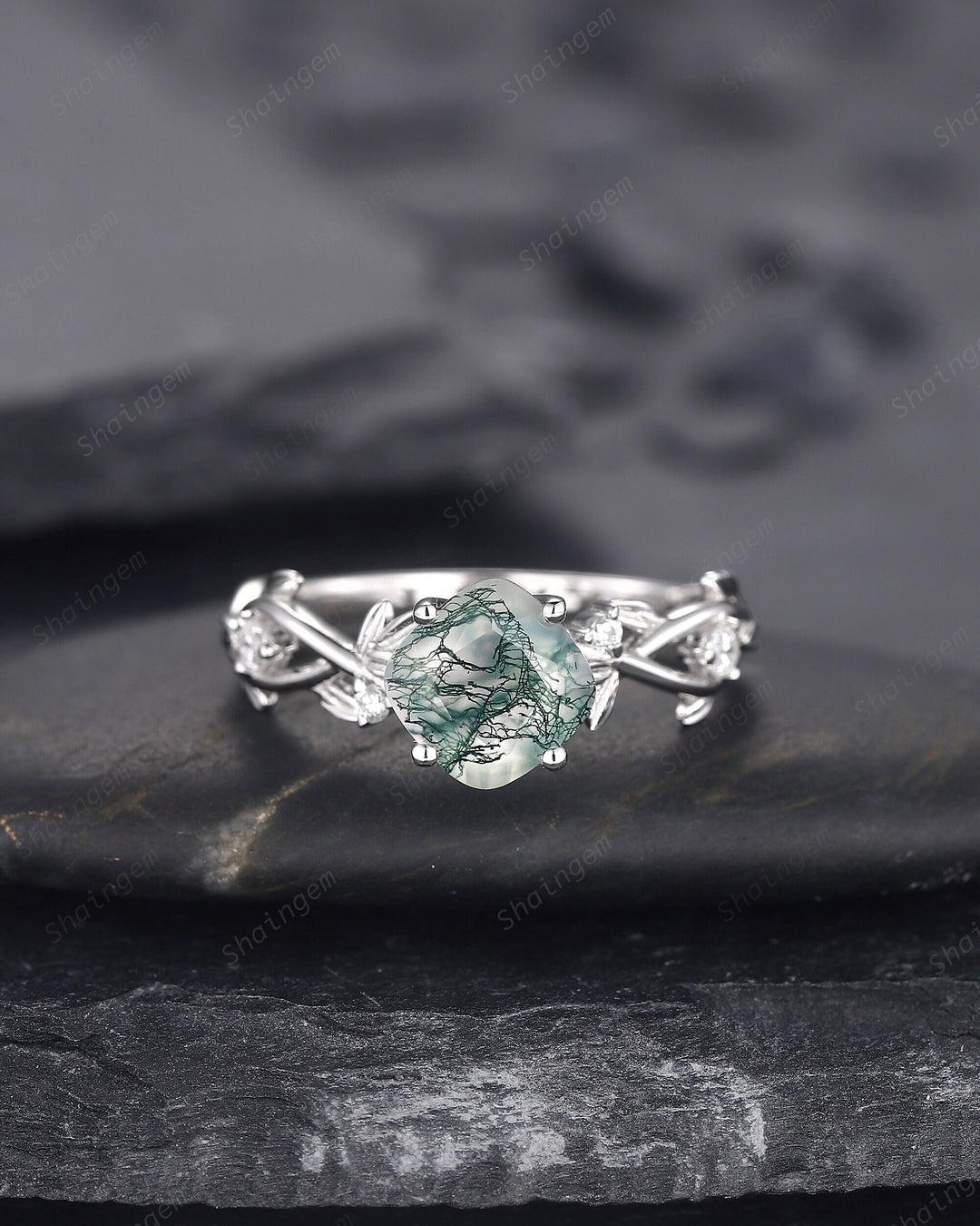 Cushion Cut Moss Agate Wedding Ring, Unique Twig Leaf White Gold Moss Agate Engagement Promise Ring, Anniversary Ring Gift for Women - ShainJewelry