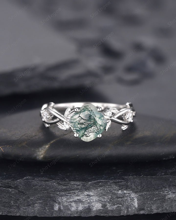 Cushion Cut Moss Agate Wedding Ring, Unique Twig Leaf White Gold Moss Agate Engagement Promise Ring, Anniversary Ring Gift for Women - ShainJewelry