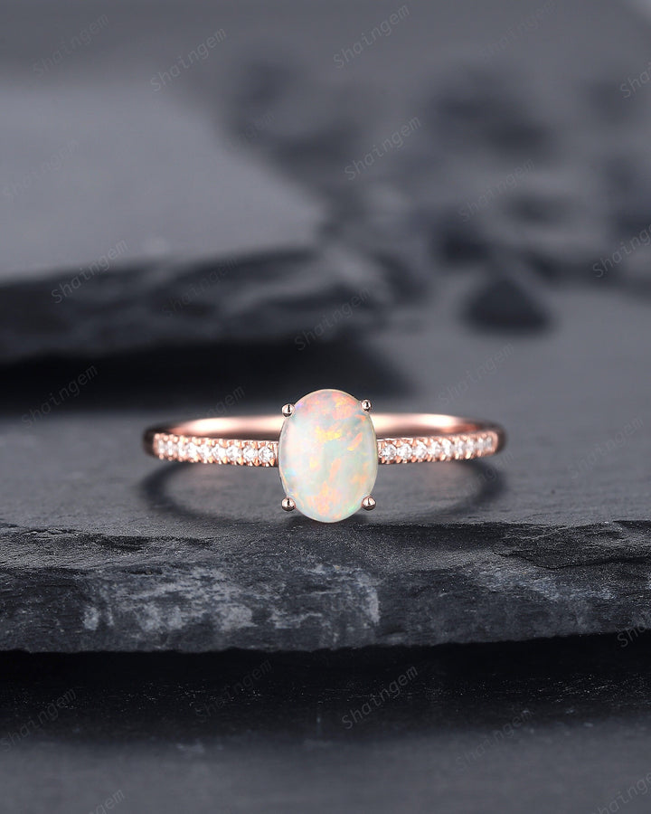 3PCS Natural Australian White Fire Opal Promise Ring Set, Oval Opal 14K Rose Gold Halo Engagement Wedding Ring, Bridal Set Anniversary Ring - ShainJewelry