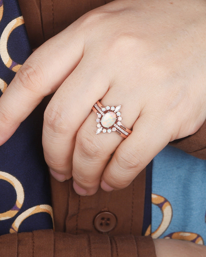 3PCS Natural Australian White Fire Opal Promise Ring Set, Oval Opal 14K Rose Gold Halo Engagement Wedding Ring, Bridal Set Anniversary Ring - ShainJewelry