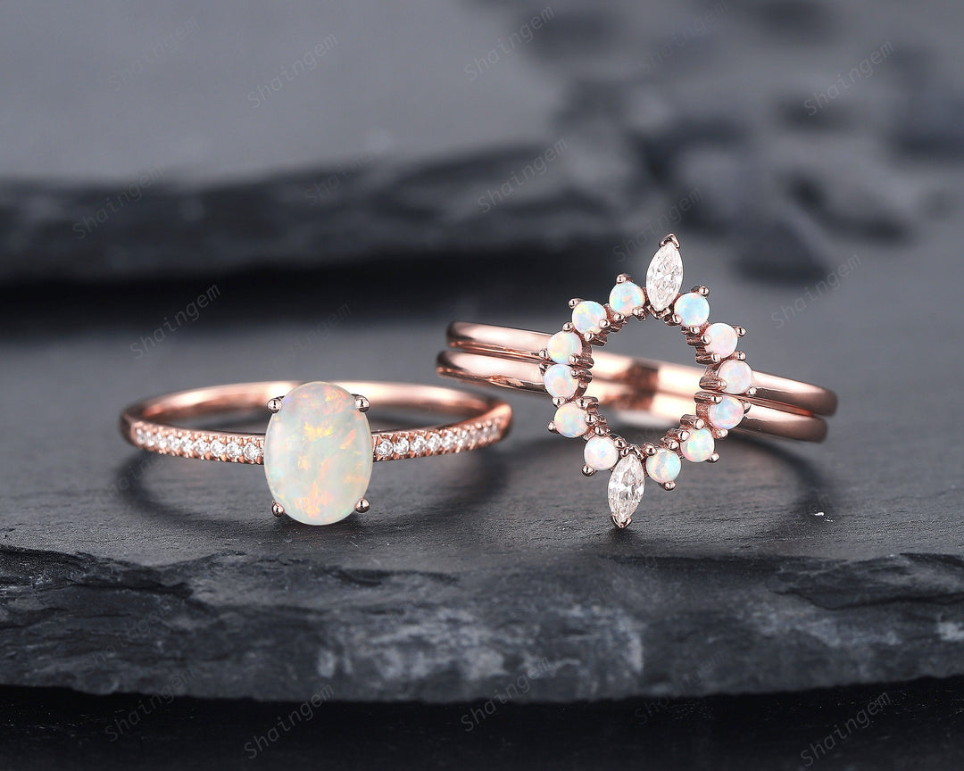 3PCS Natural Australian White Fire Opal Promise Ring Set, Oval Opal 14K Rose Gold Halo Engagement Wedding Ring, Bridal Set Anniversary Ring - ShainJewelry