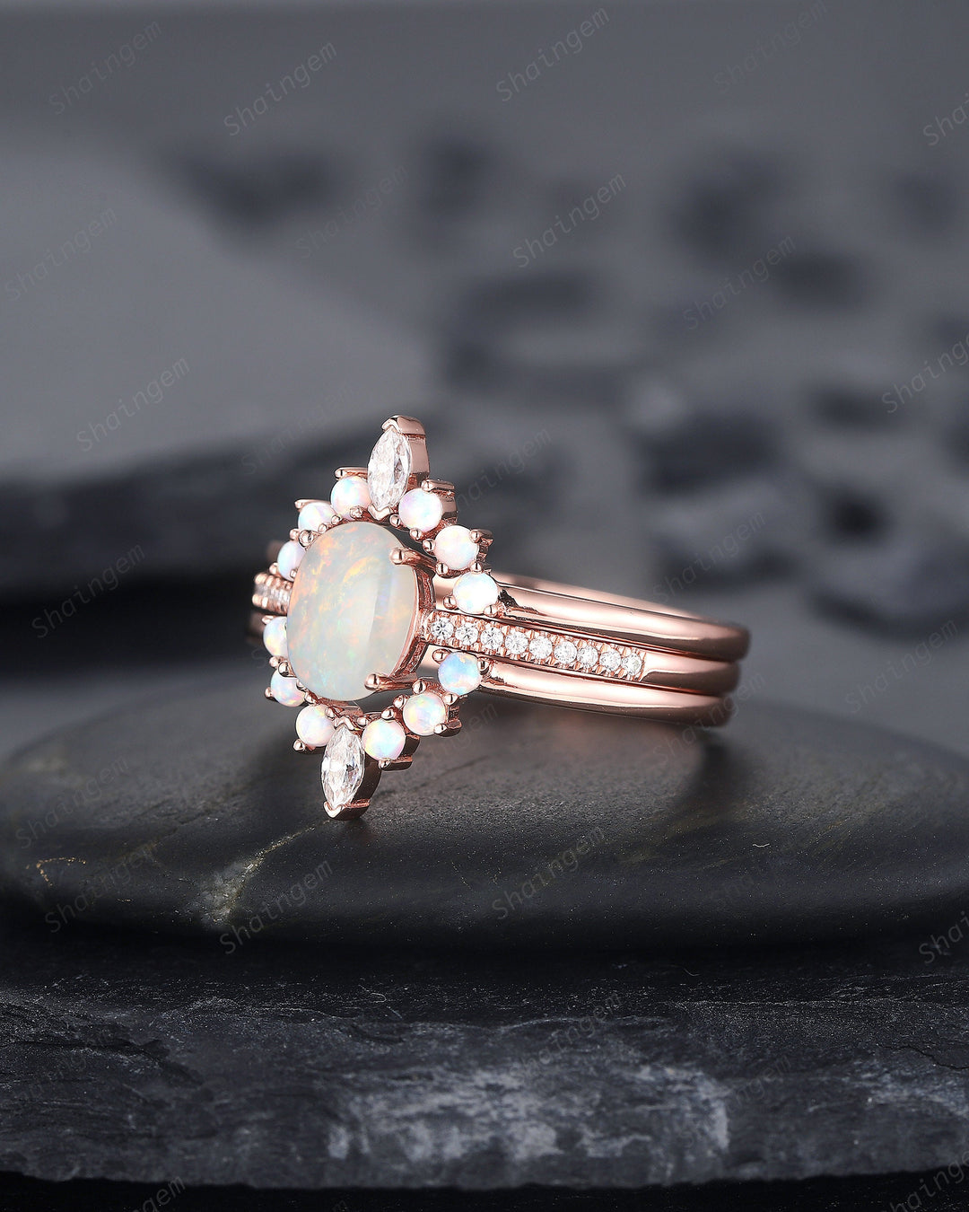 3PCS Natural Australian White Fire Opal Promise Ring Set, Oval Opal 14K Rose Gold Halo Engagement Wedding Ring, Bridal Set Anniversary Ring - ShainJewelry