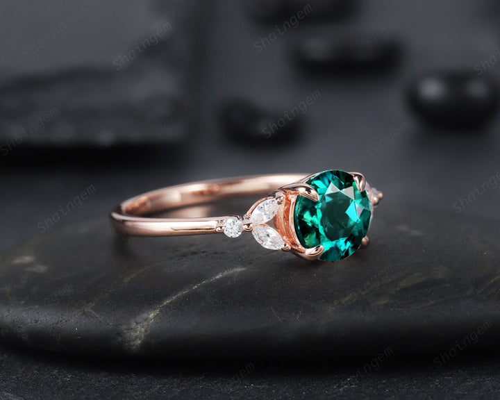 Unique Round Cut Emerald Engagement Ring, Vintage 14K Rose Gold or Silver Promise Ring, May Birthstone Wedding Anniversary Ring Gift for her - ShainJewelry