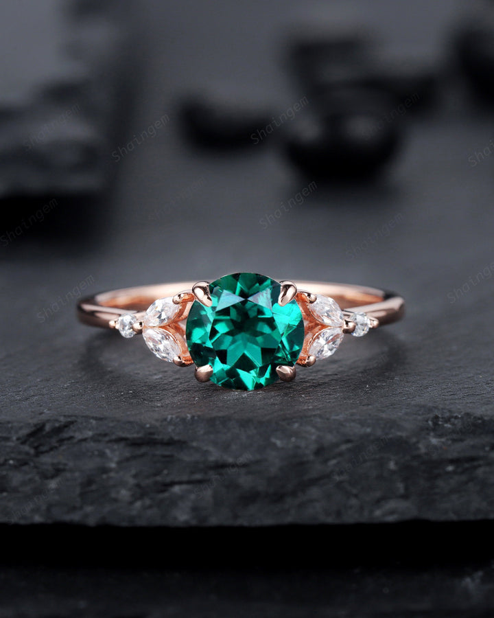 Unique Round Cut Emerald Engagement Ring, Vintage 14K Rose Gold or Silver Promise Ring, May Birthstone Wedding Anniversary Ring Gift for her - ShainJewelry