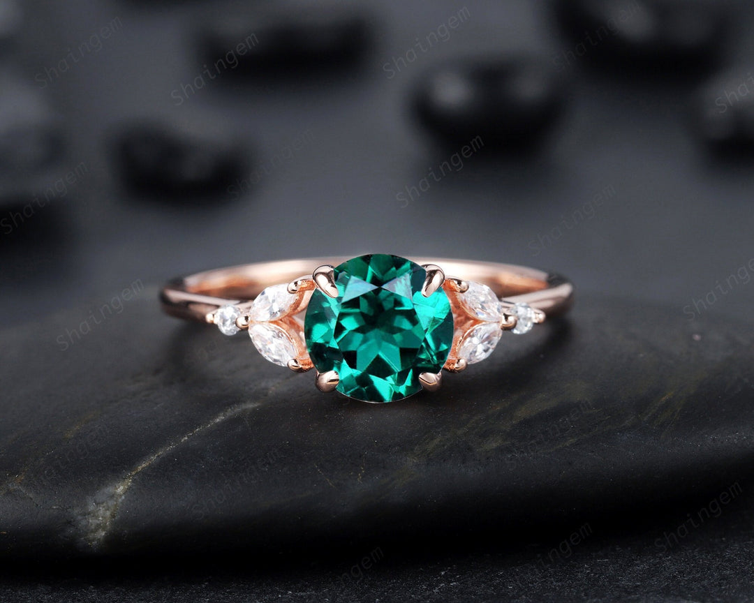 Unique Round Cut Emerald Engagement Ring, Vintage 14K Rose Gold or Silver Promise Ring, May Birthstone Wedding Anniversary Ring Gift for her - ShainJewelry