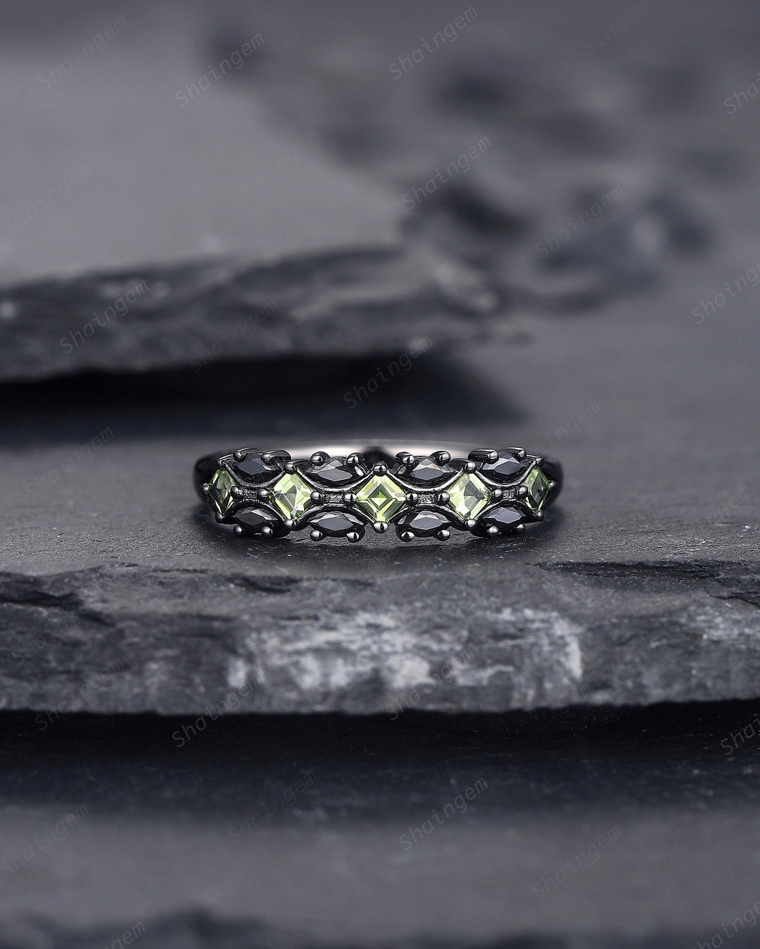 Vintage Square Peridot and Marquise Black Moissanite Wedding Band, Black Gold Engagement Ring, Gothic Anniversary Promise Ring Matching Band - ShainJewelry
