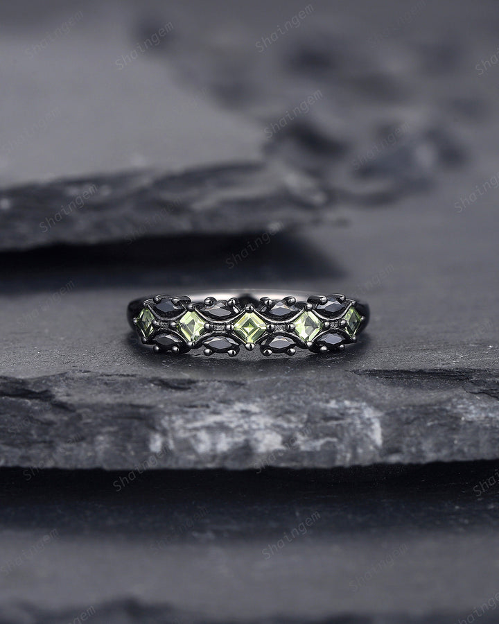 Vintage Square Peridot and Marquise Black Moissanite Wedding Band, Black Gold Engagement Ring, Gothic Anniversary Promise Ring Matching Band - ShainJewelry