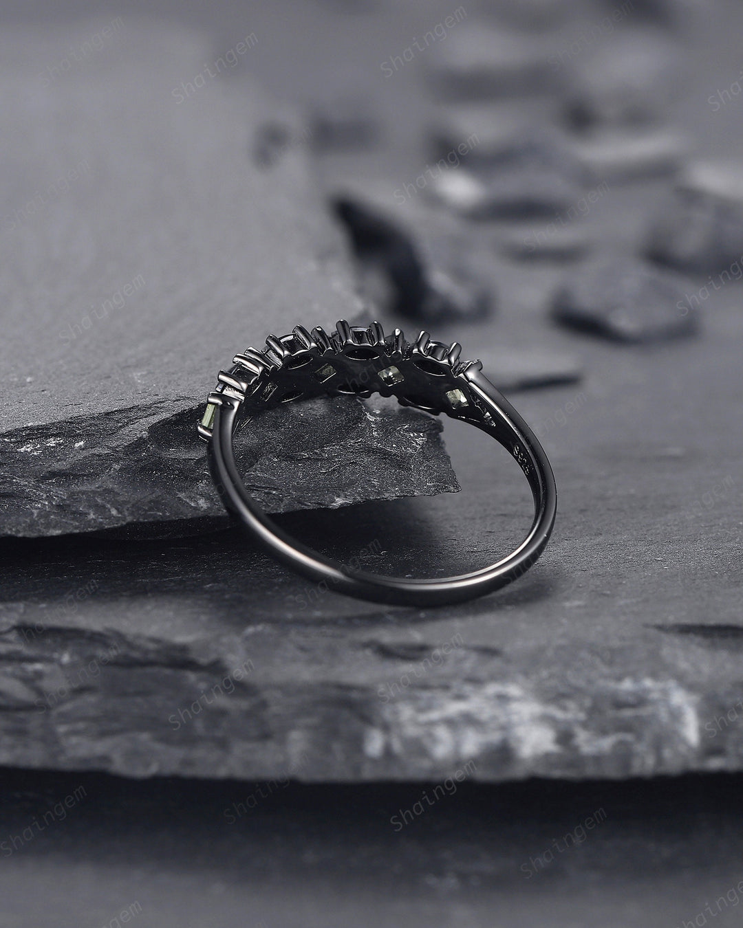 Vintage Square Peridot and Marquise Black Moissanite Wedding Band, Black Gold Engagement Ring, Gothic Anniversary Promise Ring Matching Band - ShainJewelry