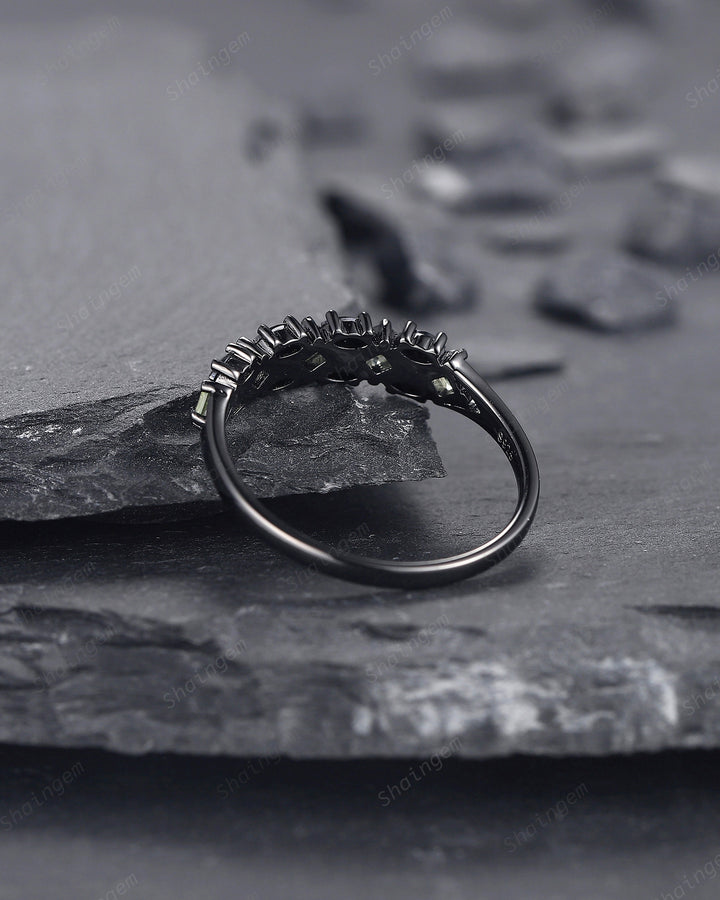 Vintage Square Peridot and Marquise Black Moissanite Wedding Band, Black Gold Engagement Ring, Gothic Anniversary Promise Ring Matching Band - ShainJewelry