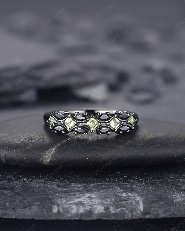 Vintage Square Peridot and Marquise Black Moissanite Wedding Band, Black Gold Engagement Ring, Gothic Anniversary Promise Ring Matching Band - ShainJewelry