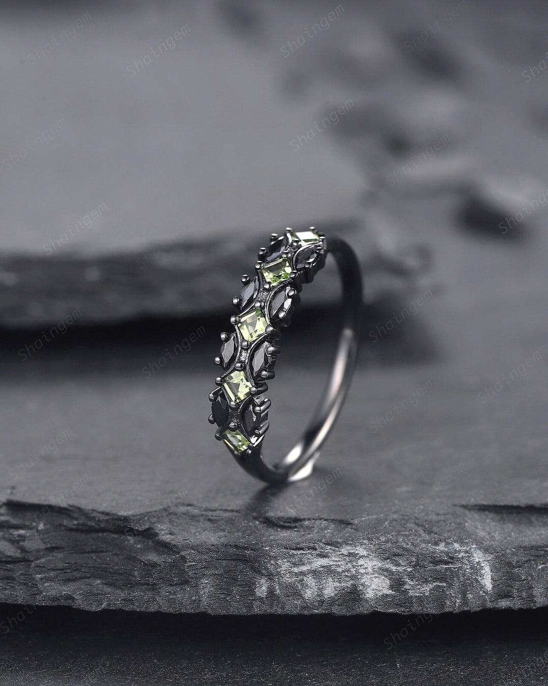 Vintage Square Peridot and Marquise Black Moissanite Wedding Band, Black Gold Engagement Ring, Gothic Anniversary Promise Ring Matching Band - ShainJewelry
