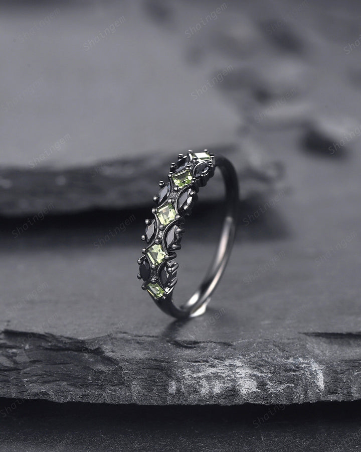 Vintage Square Peridot and Marquise Black Moissanite Wedding Band, Black Gold Engagement Ring, Gothic Anniversary Promise Ring Matching Band - ShainJewelry