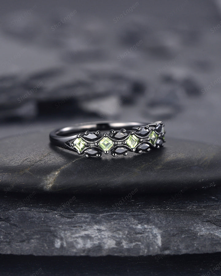 Vintage Square Peridot and Marquise Black Moissanite Wedding Band, Black Gold Engagement Ring, Gothic Anniversary Promise Ring Matching Band - ShainJewelry