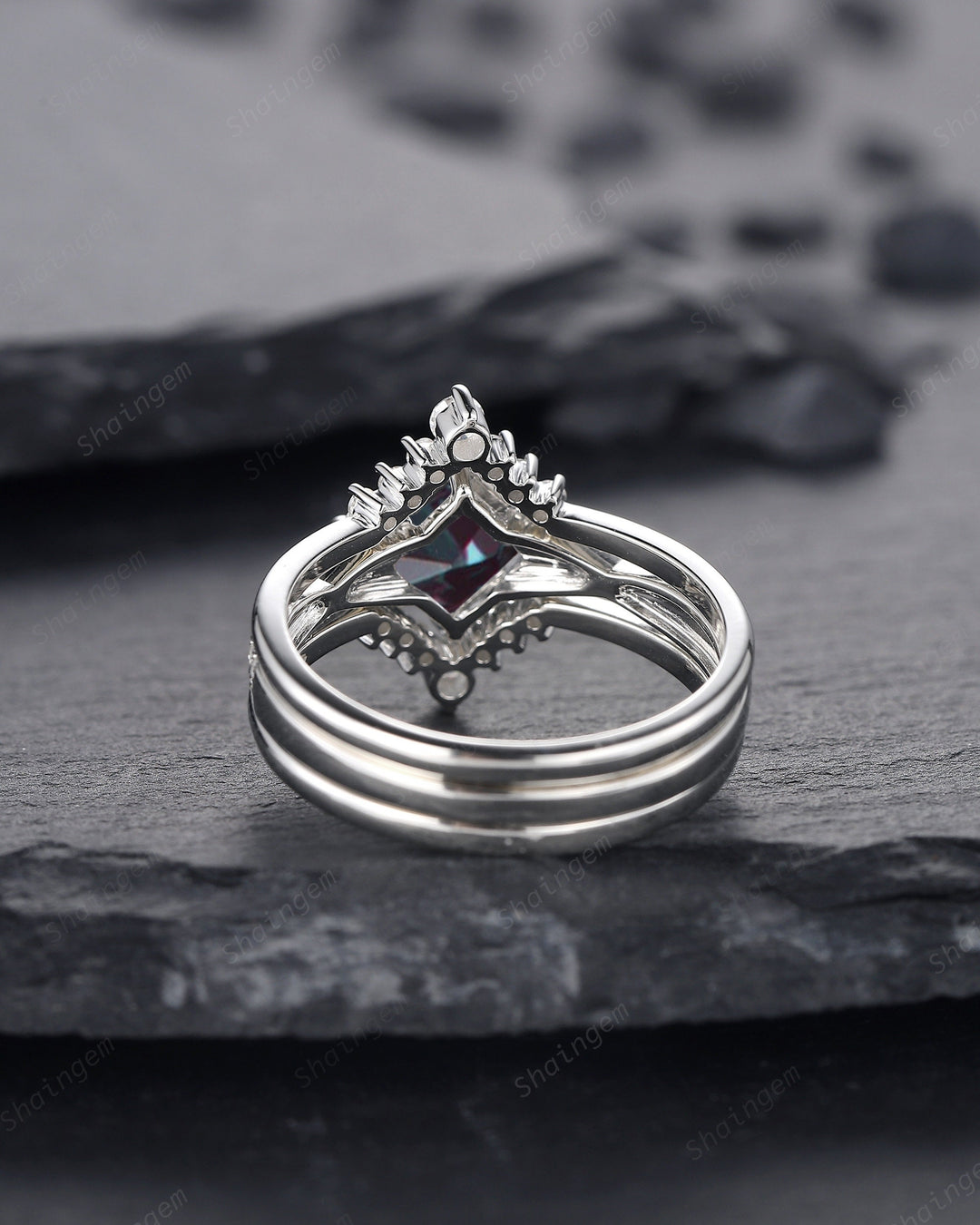 3PCS Princess Cut Alexandrite Engagement Ring Set, Art Deco Alexandrite Wedding Set, Vintage 14K 18K White Gold Promise Ring Gift Bridal Set - ShainJewelry