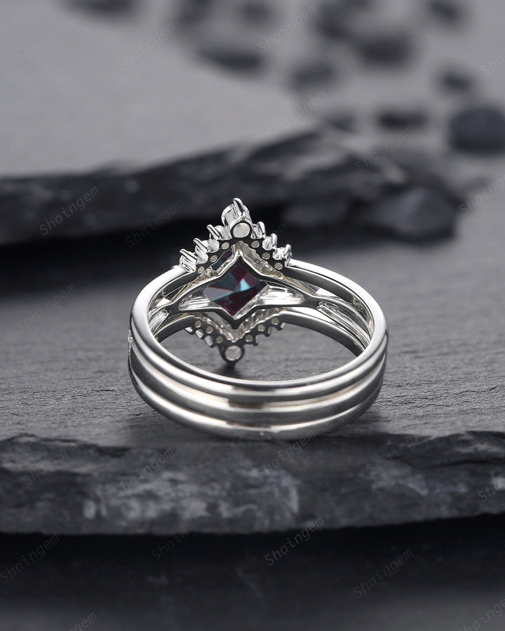 3PCS Princess Cut Alexandrite Engagement Ring Set, Art Deco Alexandrite Wedding Set, Vintage 14K 18K White Gold Promise Ring Gift Bridal Set - ShainJewelry