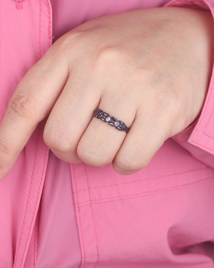 Black Gold Square Amethyst and Black Marquise Moissanite Wedding Band, Black Engagement Ring, Gothic Anniversary Promise Ring Matching Band - ShainJewelry
